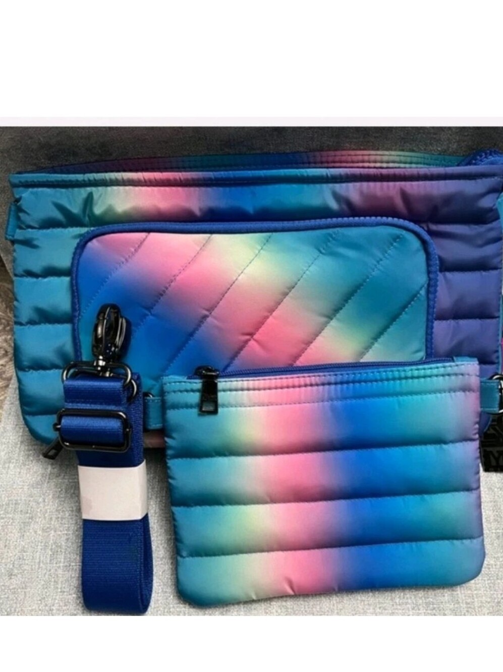 Think Royln Gradient Quilted Crossbody Set in Blue-Pink-Green NWT